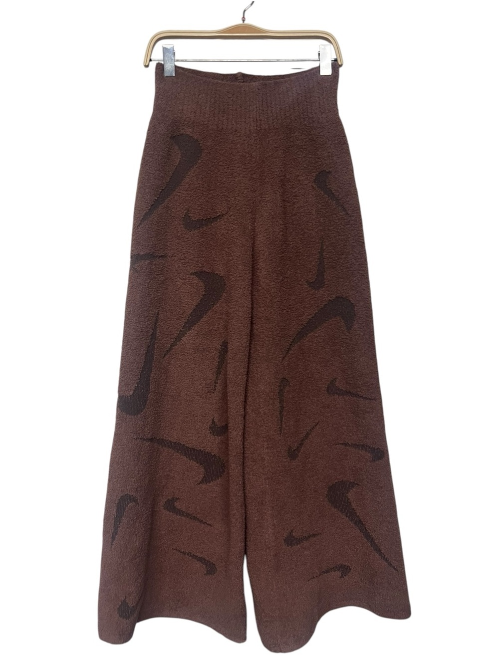 Nike Sportswear Chocolate Brown Knit Wide-Leg Pants Dark Swoosh Motif Boucle